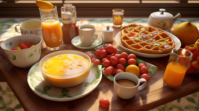 Classic Morning Feast: Photorealistic 3D Rendering of Mouthwatering Breakfast Spread