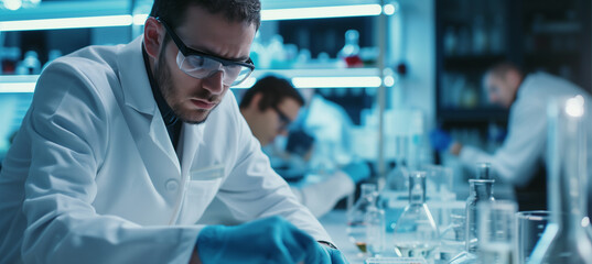 A group of diverse scientists in a modern medical laboratory, wearing lab coats and safety goggles, conducting experiments and research. The image features copy space for text or additional elements. - Powered by Adobe