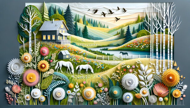 The layered papercut art piece depicting a serene countryside meadow has been created, showcasing a scene filled with blooming wildflowers, grazing horses, a country cabin house
