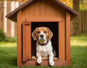 beautiful wooden doghouse and a beagle dog peeking out from the kennel