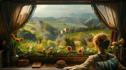A blissful family enjoying a scenic train ride through breathtaking countryside, gazing out the...