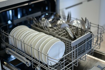 Dishwasher with lots of plates and silverware inside, seen from the side