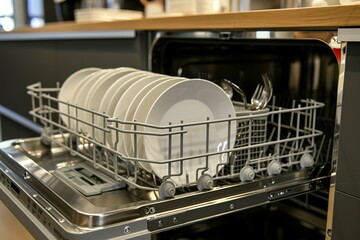 Dishwasher with lots of plates and silverware inside, seen from the side
