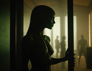 Silhouette of the female alien behind the glass door in the dark interior with shadows