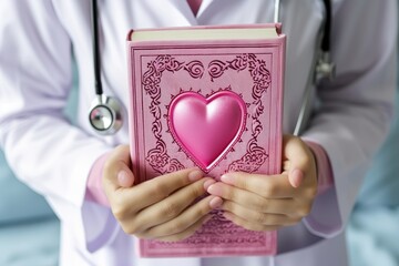 holding a pink book with an ornate design and a prominent heart shape in the center