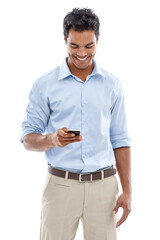 Business, man and reading on mobile in studio for communication, happy networking and chat. Young...