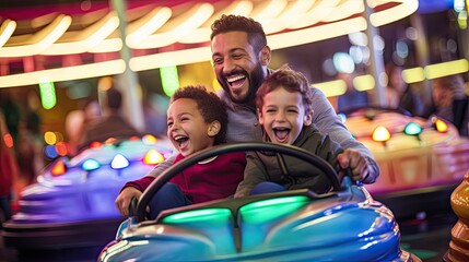 Action photo of a parent and child enjoying a fun theme park bumper car ride together