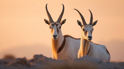 Arabia nature. Wildlife Jordan, Arabian oryx, Oryx leucoryx, antelope with a distinct shoulder bump. Evening light in nature. Two animal in nature habitat, blue sky