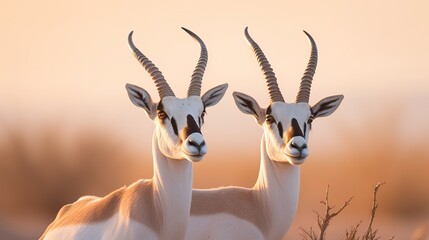 Arabia nature. Wildlife Jordan, Arabian oryx, Oryx leucoryx, antelope with a distinct shoulder bump. Evening light in nature. Two animal in nature habitat, blue sky - obrazy, fototapety, plakaty