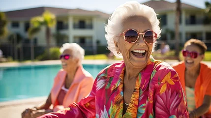 Fototapete Heringsdorf, Deutschland 70 year old woman in a luxury, retirement village community pool with her friends, 