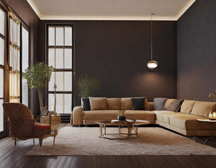 Modern dark home interior background, wall mock up, 3d render