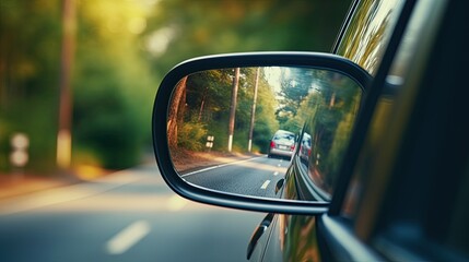 A close-up shot of a car's side mirror reflecting the road ahead, Macro Lenses.