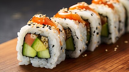 A close-up shot of a sushi roll with salmon, avocado, and cucumber