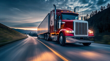 Transportation logistics at golden hour with semi-truck on highway, fast delivery, commercial freight, road travel, industry, sunset, dynamic.