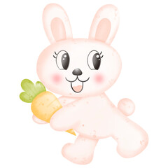 a smiling bunny running and holding big carrot