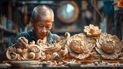 A carpenter skillfully carving intricate designs into a piece of wood in a workshop - Powered by Adobe