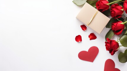 Classic valentine's day background with hearts,envelope, flowers and gifts on white background. copy space. top view
