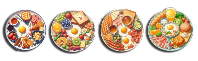 Set of plates with breakfast Isolated cutout on transparent background