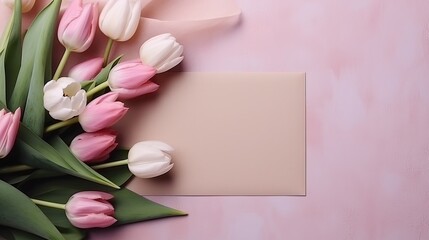 Fototapeta premium Contemporary art collage of hand holding an envelope with flowers tulips. Holidays and love concept. Women's Day on March 8, Valentine's Day. Greeting card. Copy space