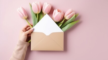 Contemporary art collage of hand holding an envelope with flowers tulips. Holidays and love concept. Women's Day on March 8, Valentine's Day. Greeting card. Copy space