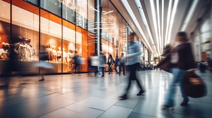 Blurred background of a modern shopping mall with some shoppers.