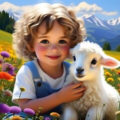 A little boy sitting with a baby sheep outdoors