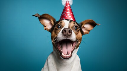 Cute dog celebrating with red pary hat and blow-out against a blue background and copy space to side - obrazy, fototapety, plakaty