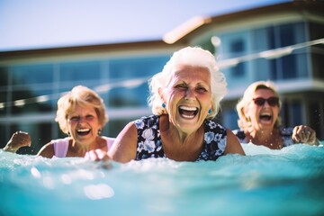 Fototapeta premium Capture the radiant spirit of a group of Swedish senior women as they revel in the soothing waters of a swimming pool. 