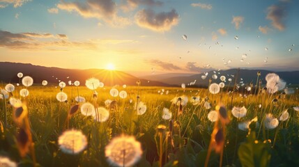 Dandelion field in rural landscape at sunrise. beautiful nature scenery with blooming weeds in morning light. clouds on the sky above the distant mountain - obrazy, fototapety, plakaty