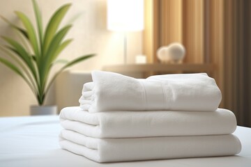 Fototapeta na wymiar Clean white towels on the bed in the hotel room. 