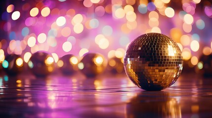 Fototapeta na wymiar Disco background with disco balls in purple and gold lighting
