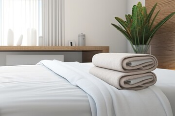 Clean white towels on the bed in the hotel room. 