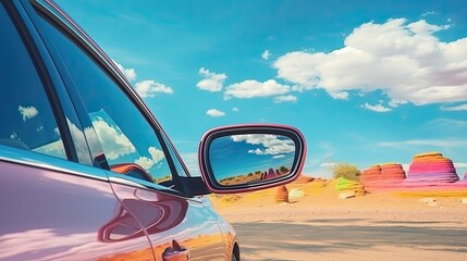 Car side mirror reflection, colorful rainbow, travel adventure, hidden frame, Octane Render,  - Powered by Adobe