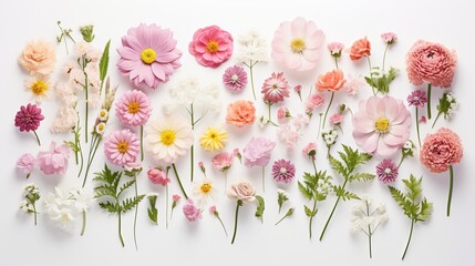 Flowers creative collection isolated on white background. Springtime and mothers day concept. Design element. Flat lay, top view