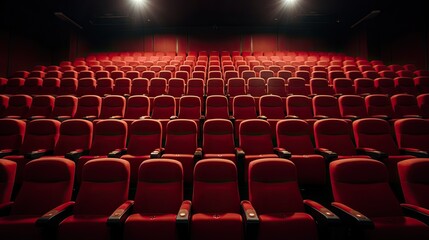 Empty movie theater with red seats seen from above photo style, high definition 