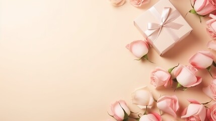 Frame of gift boxes and roses buds on pastel beige background. Top view Happy Valentines day, Mothers day, International womens day concept