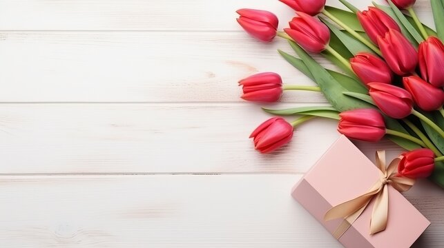 Flower composition. A bouquet of spring red tulips, gift boxes, wrapping paper, ribbons and bows on a light wooden background. Free space