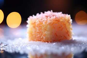 Angel food slice showcased against a sea of defocused bokeh.