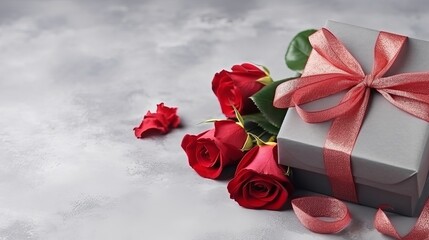 Gift boxes with red ribbon bow and roses on gray background. Happy Valentines Day, Mothers Day, International womens day concept