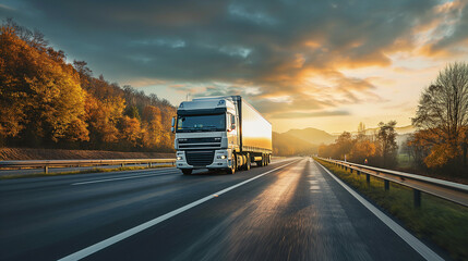 Fototapeta na wymiar Transportation logistics at golden hour with semi-truck on highway, fast delivery, commercial freight, road travel, industry, sunset, dynamic