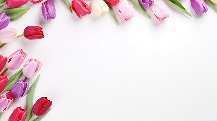 Happy valentines day or international womens day concept; Frame of fresh pink, red and purple tulips on a white background;