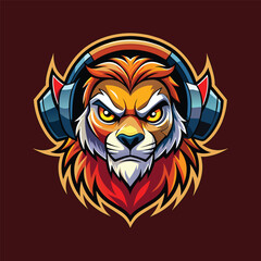 Lion head mascot for gaming e-sport logo. cartoon lion wearing a headphone vector illustration
