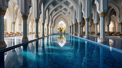 Fototapeta premium A mosque's serene reflection pool with arched colonnades
