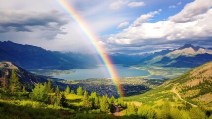 A rainbow framing a peaceful mountain range