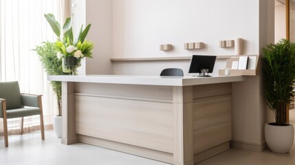 A receptionist desk with a modern and organized workspace