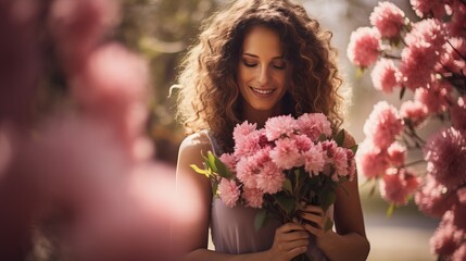 International Women's Day. Extremely happy woman in a bright pink dress is smelling a bunch of spring flowers, which she is holding in her hands - obrazy, fototapety, plakaty
