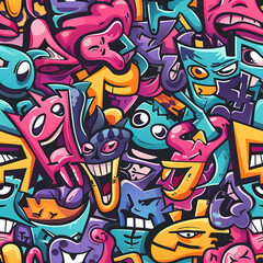 Pop art graffiti doodles colorful abstract background 90s repeat pattern