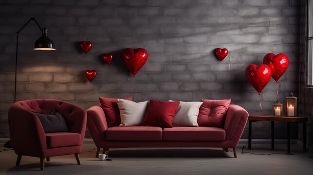 Fototapeta Interior of room decorated for Valentine's day with air balloons and comfortable sofas near grey brick wall