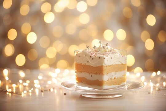 Soft and angelic dessert illuminated by sparkling bokeh lights.