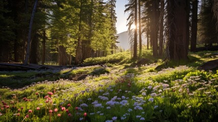 A sunlit forest with a carpet of wildflowers